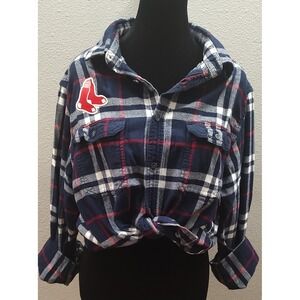 Boston Red Sox Unisex XL Red Blue White Plaid Flannel Button Down Baseball A16